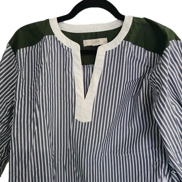 Loft Colorblock Poplin Petite Blouse Top Women's Sz XSP Green/White Casual Cute - Picture 2 of 11